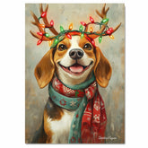 Beagle Christmas Charm - 'Rustic Snuggles' - Beagle Dog with Lighted Antlers & Festive Scarf on Rustic Canvas, Ready to Hang 1.5" Thick Canvas Wrap, Floating Framed Canvas, Flat Rolled Canvas